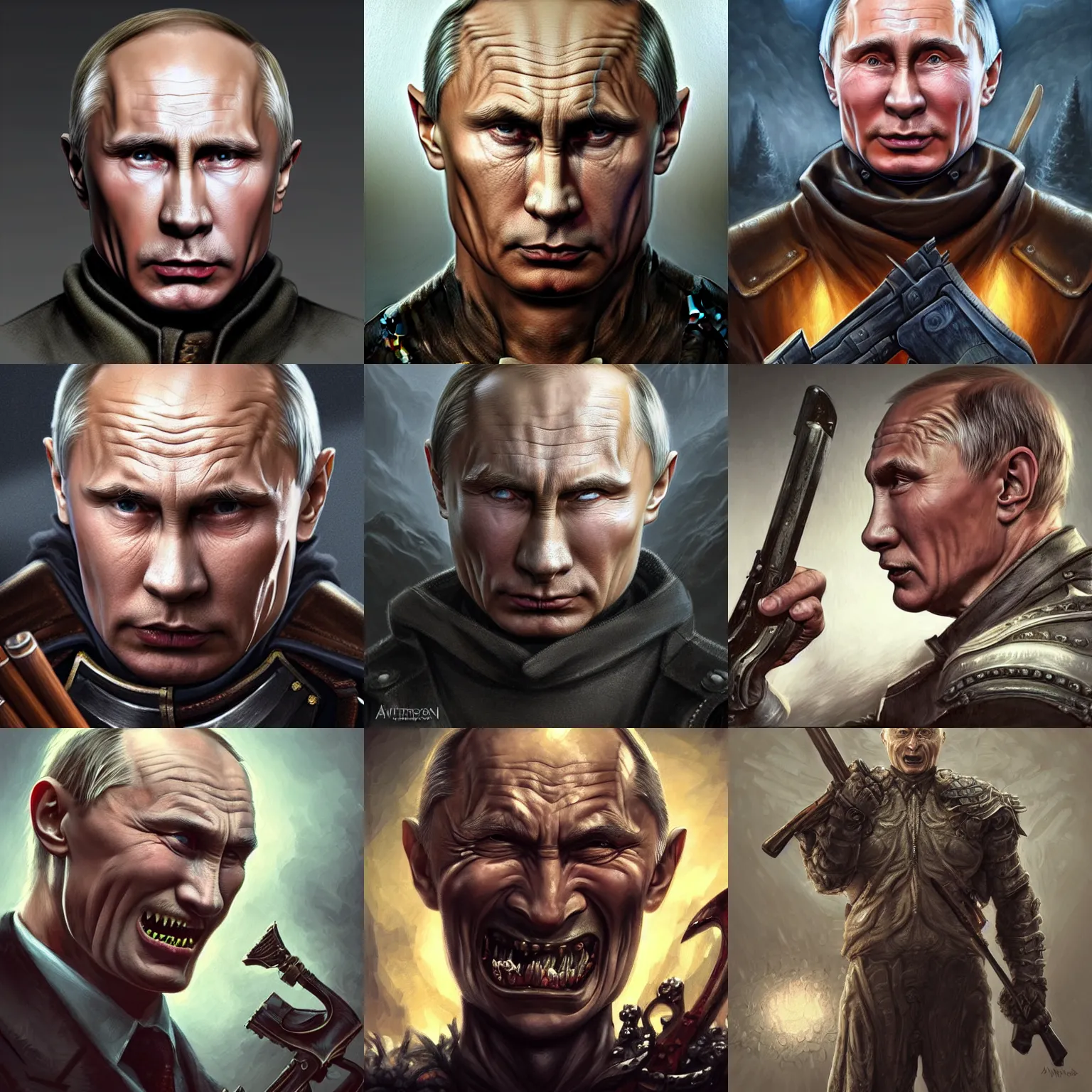 Prompt: very old and very very angry vladimir putin with sharp bullets as teeth, very detailed. artwork by artgerm, wide angle, fantasy, highly detailed, digital painting, artstation, smooth, sharp focus, art by thomas kinkade and h. r. giger and tyler edlin