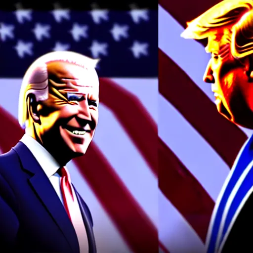 Image similar to joe biden handshakes donald trump ultra realistic, lens flare, atmosphere, glow, detailed, intricate, full of colour, cinematic lighting, trending on artstation, 4 k, hyperrealistic, focused, extreme details, unreal engine 5, cinematic, masterpiece, ultra realistic, hyper realistic, highly detailed, sharp focus, digital art