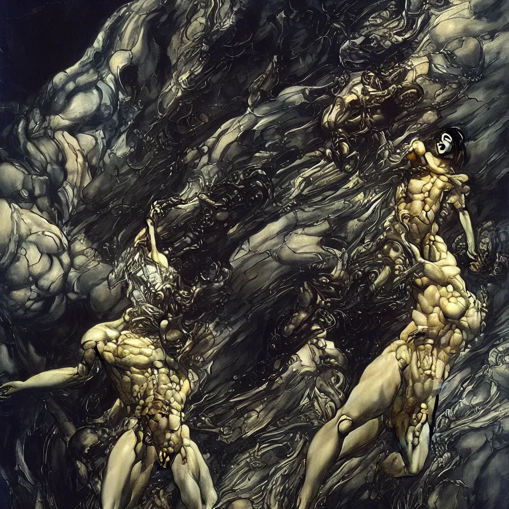 Prompt: still frame from Prometheus movie by Makoto Aida, cyborg with new life in guts standing in arcane spaceship by neri oxmn painted by Caravaggio and by Hisashi Tenmyouya by Fuyuko Matsui by Makoto Aida by Yasunari Ikenaga by Takato Yamamoto by beksinski