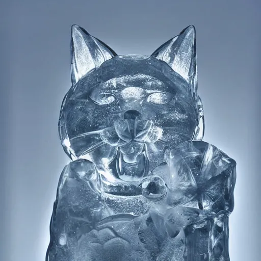 Image similar to ice sculpture of a cat, award winning photography, cinematic