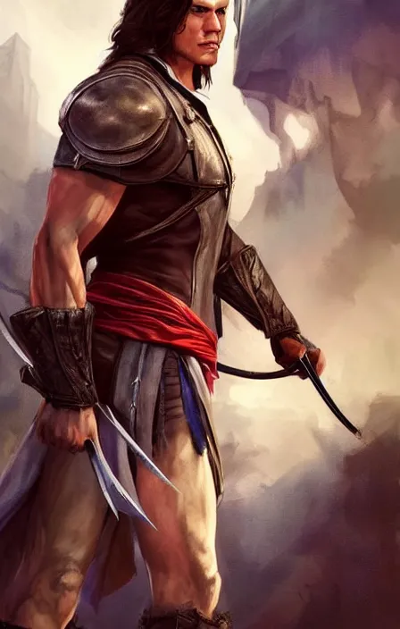 Prompt: pretty muscular sam winchester as the assasins creed protagonist, fantasy style, sharp focus!, ultra detailed, art by artgerm and peter andrew jones, wlop