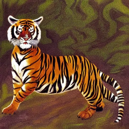 Prompt: Tyger Tyger, burning bright, In the forests of the night; What immortal hand or eye, Could frame thy fearful symmetry?