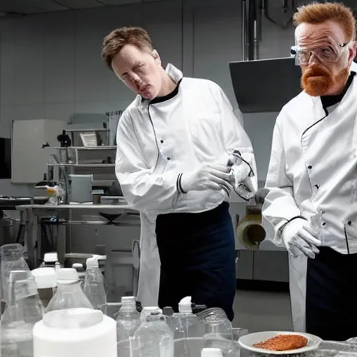 Image similar to elon musk and walter white cooking meth in a laboratory, amazing detail, detailed faces, sharp, 8k