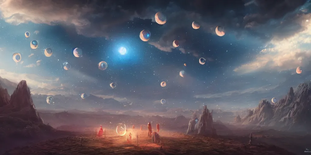 Image similar to Cosmic inflation bubbles peaking through the clouds, council of Gods having a meeting, character art, concept art, matte painting, 8k, highly detailed, artstation, light being, high quality,