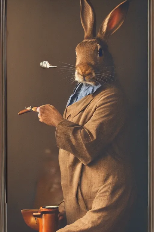 Image similar to portrait of a half cherokee half rabbit smoking a pipe, dramatic lighting, studio photo, realistic