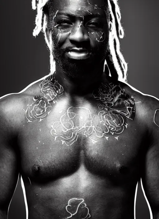 Image similar to Realistic Black man with burning tattoos, superpowers, superhero, tied Dreadlock hair, artistic pose, light atmosphere, cinematic shot, intricate, ornate, photorealistic, ultra detailed, realistic, 100mm, photography, octane, high definition, depth of field, bokeh, 8k, artstation