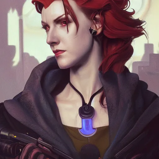 Image similar to character portrait of Moira from Overwatch, dystopian mood, intricate, wild, highly detailed, digital painting, artstation, upper body, concept art, smooth, sharp focus, illustration, art by artgerm and greg rutkowski and alphonse mucha