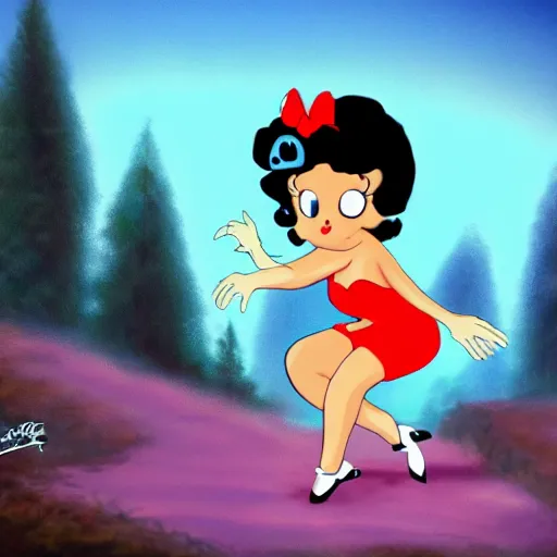 Image similar to betty boop riding a fox through the woods, cartoon, high definition