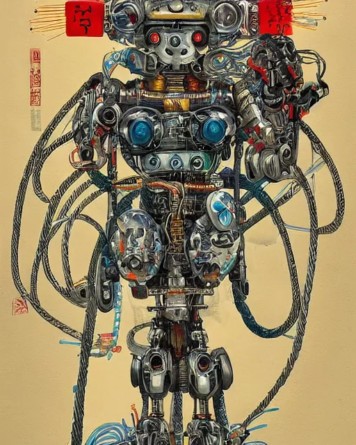 Prompt: Kuniyoshi portrait of a robot saint made of cables and robotic pod in the style of peter mohrbacher