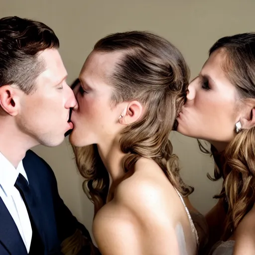 Prompt: two horribly deformed men in suits making out with two attractive blonde women dressed for a wedding party.