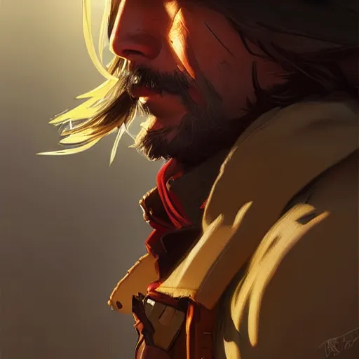 Prompt: mccree from overwatch, highly detailed, digital painting, artstation, concept art, sharp focus, illustration, art by greg rutkowski and alphonse mucha