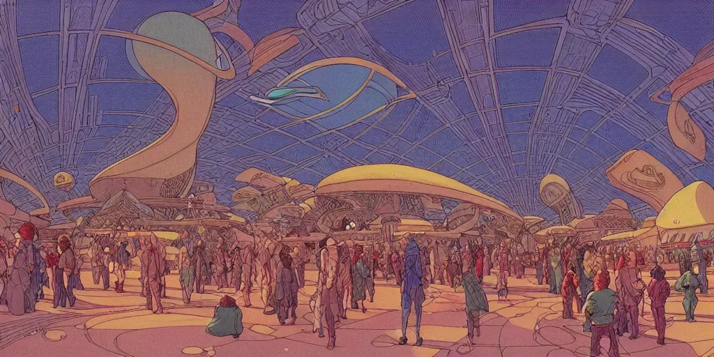 Image similar to cel shaded cinematic shot of the interior of a sci-fi space station with ornate Elven architecture bustling with people, epic castle, emerald, crystalline, detailed illustration, sharp focus, crisp lines, art by Moebius!!!, Jean Giraud Moebius!!! comic illustration