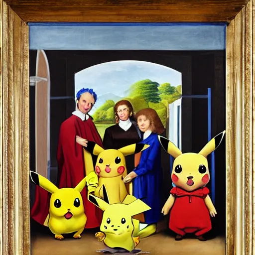 Prompt: A pikachu family portrait, Family portrait, guild commission, Florentine school, sfumato, still life, al fresco, oil on canvas, Artwork by Hubert van Eyck