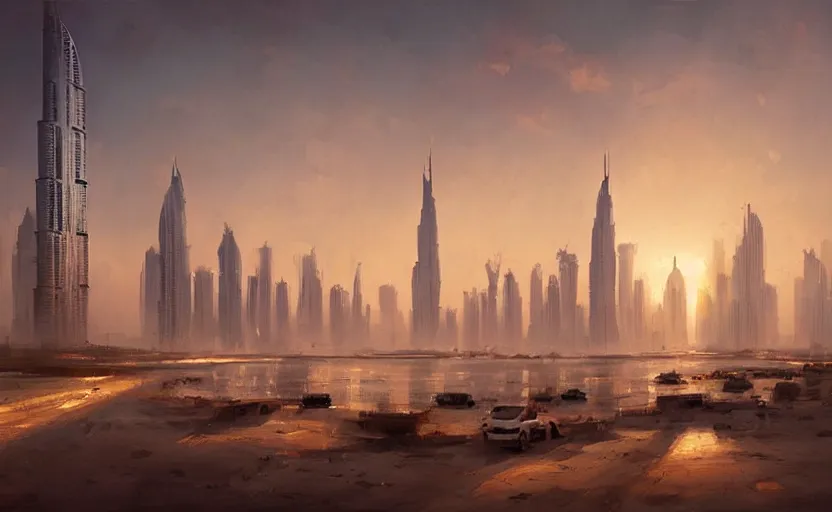 Image similar to painting of skyline of dubai at sunset, natural light, concept art, by greg rutkowski, cozy atmospheric and cinematic lighting