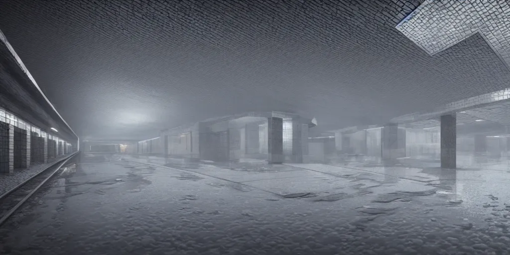 Image similar to 3 d render brutalism ussr metro station, located in the snow, puddles of water, by artgem, ivan shishkin, sunset, foggy, stunning skies, volumetric lighting, sharp focus, cryengine