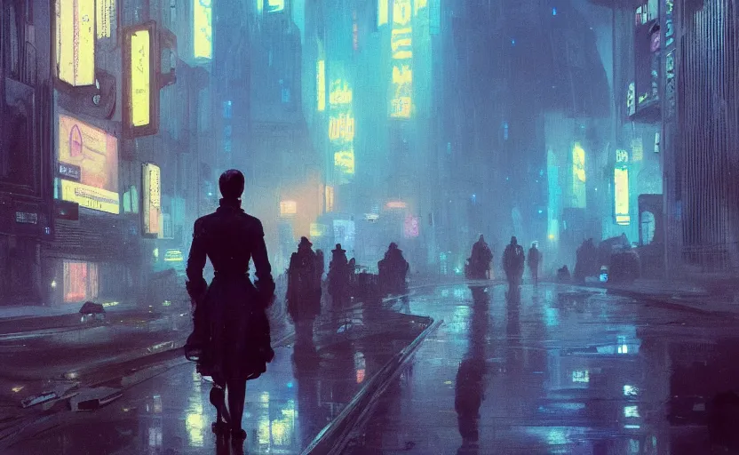 Image similar to 2 0 1 8 blade runner movie still girl look at the cityscape from roof perfect face fine realistic face pretty face neon puffy jacket blue futuristic sci - fi elegant by denis villeneuve tom anders zorn hans dragan bibin thoma greg rutkowski ismail inceoglu illustrated sand storm alphonse mucha