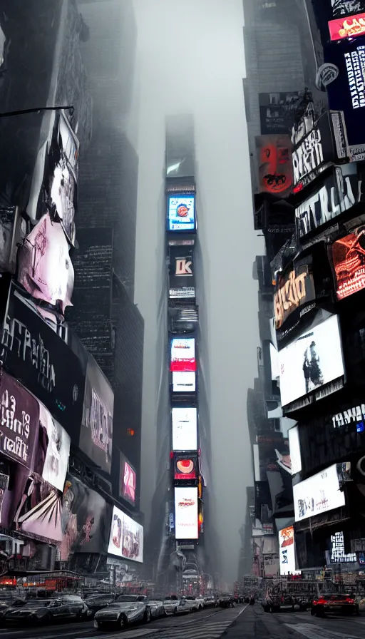 Prompt: 8k high resolution photograph of cyber punk New York Times Square on a foggy night, futuristic,