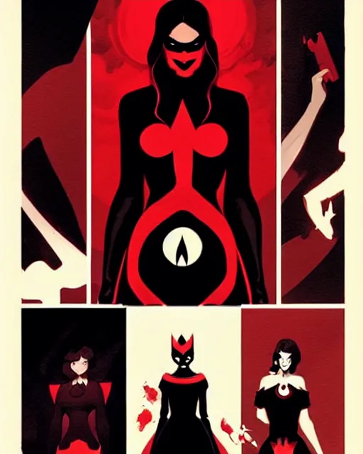 Image similar to rafael albuquerque comic art, peter mohrbacher, phil noto, artgerm, pretty evil elizabeth olson witch, black and red dress, symmetrical eyes