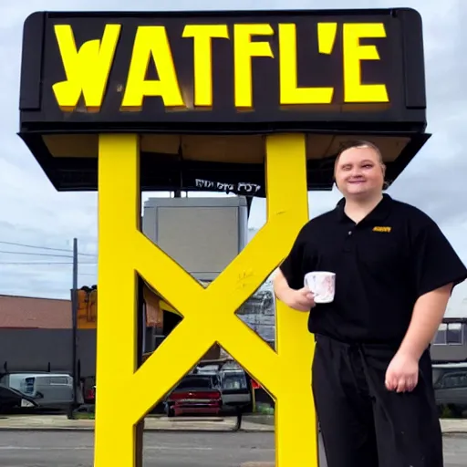 Image similar to wafflehouse employee's standing below wafflehouse sign