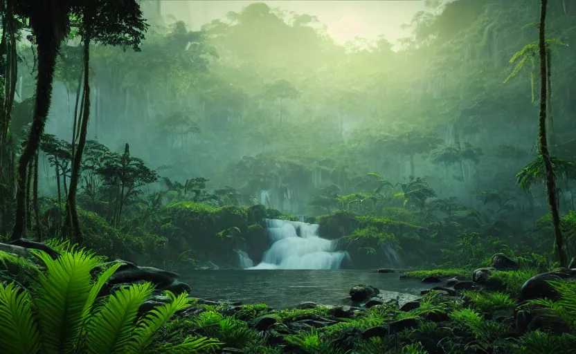 Image similar to a beautiful render of a dark prehistoric rainforest, lush flora, patches of sky, sunset, mountains and a waterfall in the background, intricate detail, hazy, humid, volumetric lighting, 8 k, photorealistic, raytracing effects, unreal engine 5