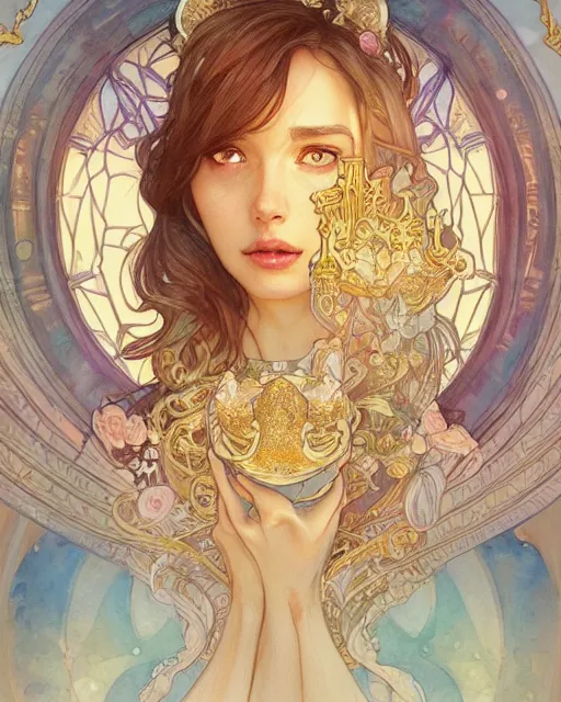 Image similar to bone hurting juice, highly detailed, gold filigree, romantic storybook fantasy, soft cinematic lighting, award, disney concept art watercolor illustration by mandy jurgens and alphonse mucha and alena aenami, pastel color palette, featured on artstation