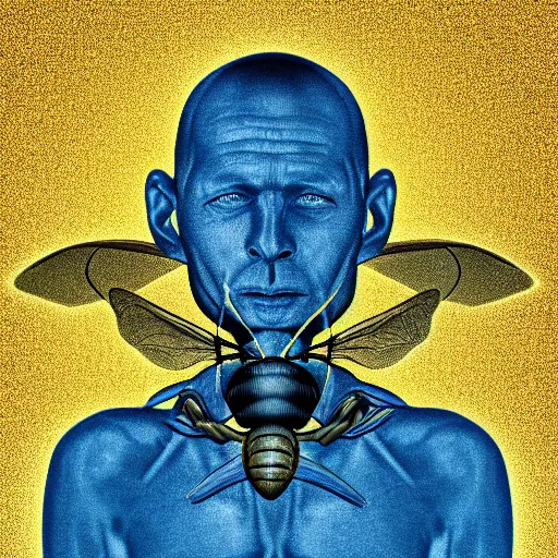 Image similar to human man that resembles a wasp morh in surreal sketch style, blue and yellow gradient, noise, ultrafine detail, hd 8k, logo illustration