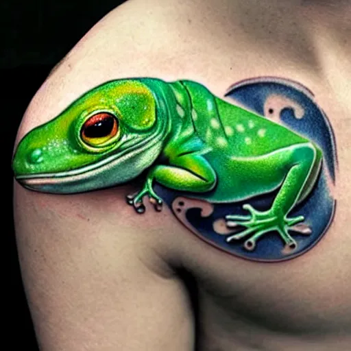 Image similar to cartoon tattoo of cute light green gecko on shoulder with light shading in the background