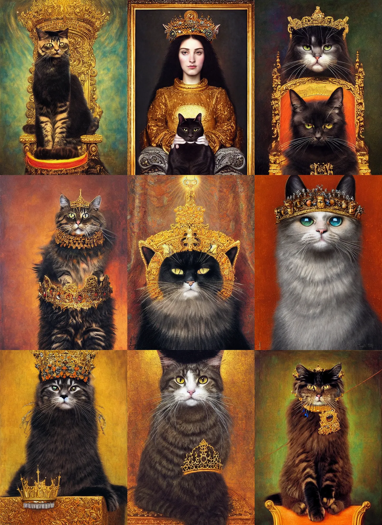 Prompt: “A majestic portrait of a cat wearing a crown, on a throne made of string,with a black fur coat, titian, Tom Bagshaw, Sam Spratt, maxfield parrish, gustav klimt, high detail, 8k, holy light rays, intricate vibrant iridescent colors, orange and gold”