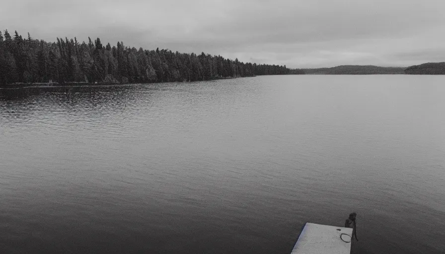 Prompt: rope floating to surface of water in the middle of the lake, overcast lake, 2 4 mm leica anamorphic lens, moody scene, stunning composition, hyper detailed, color kodak film stock