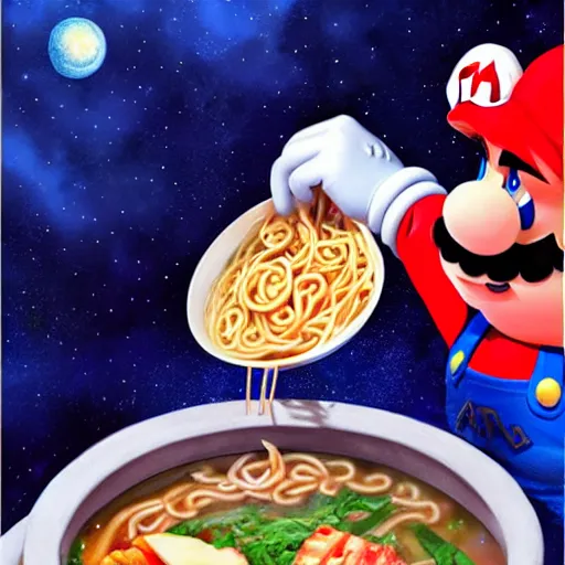 Prompt: mario in space eating ramen, trending on artstation, ultra realistic, ultra detailed, digital painting