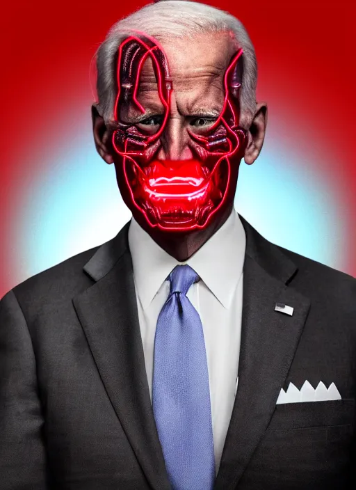 Image similar to hyper realistic ultra realistic cyborg photo Doom furious glowing red eyes biden, high quality photo, detailed , 8k