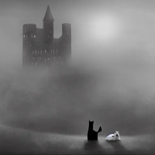 Image similar to a dark vallcy with a huge gloomy castle, fog. a little boy and a black cat