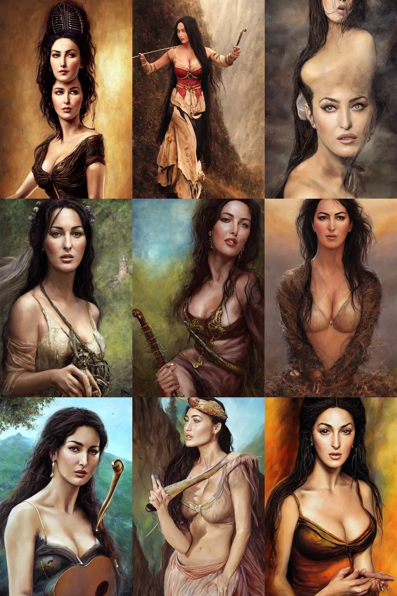 Image similar to a full body high detail fantasy portrait oil painting illustration of young monica bellucci as a beautiful sophisticated singing bard woman by justin sweet with face and body clearly visible, in a scenic background, pupils visible, realistic proportions, d & d, rpg, forgotten realms, artstation trending, high quality, sombre mood, artstation trending, muted colours, entire person visible!