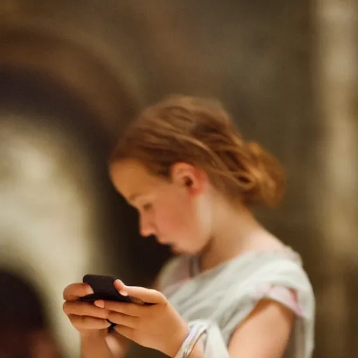 Image similar to a roman painting of a girl playing on her phone, 5 0 mm lens, f 1. 4, sharp focus, ethereal, emotionally evoking, head in focus, volumetric lighting, 8 k