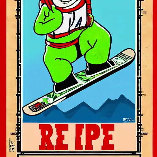 Image similar to pepe the frog jumping on a snowboard, socialist realism, north korea propaganda style