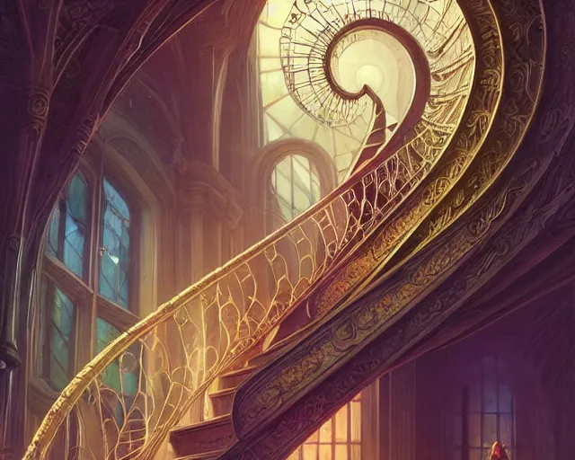 Image similar to spiral staircase leading to hope and glory, deep focus, d & d, fantasy, intricate, elegant, highly detailed, digital painting, artstation, concept art, matte, sharp focus, illustration, hearthstone, art by artgerm and greg rutkowski and alphonse mucha