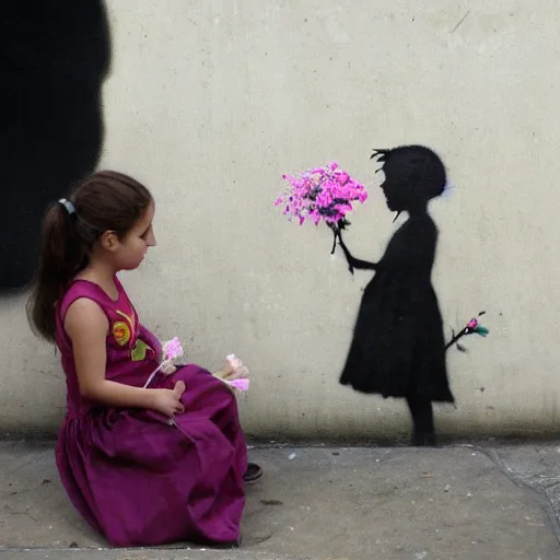 Prompt: a young girl giving flowers to a poor man by Banksy