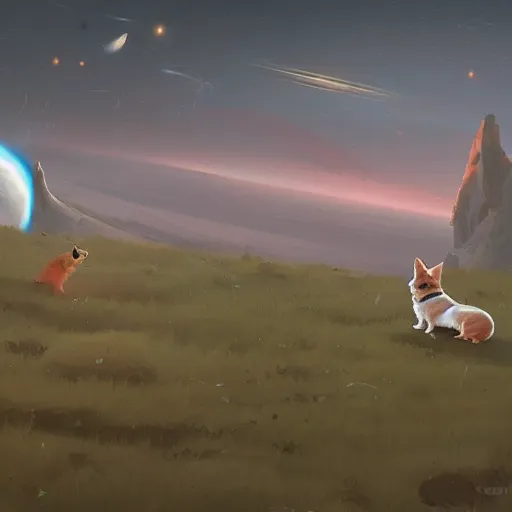 Image similar to Corgis in no man's sky digital art in the style of Greg Rutkowski and Craig Mullins, 4k