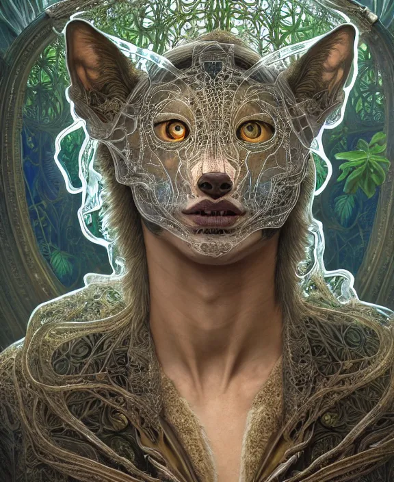 Image similar to intricate ornate opulent transparent clear see - through portrait of a terrifying beautiful male alien wolf, mottled coloring, adorable, childlike, overgrown jungle environment, ultra realistic, concept art, art nouveau, photorealistic, octane render, 8 k, unreal engine. art by christopher marley and artgerm and greg rutkowski and alphonse mucha