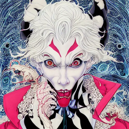 Image similar to portrait closeup of crazy cruella de vil, symmetrical, by yoichi hatakenaka, masamune shirow, josan gonzales and dan mumford, ayami kojima, takato yamamoto, barclay shaw, karol bak, yukito kishiro