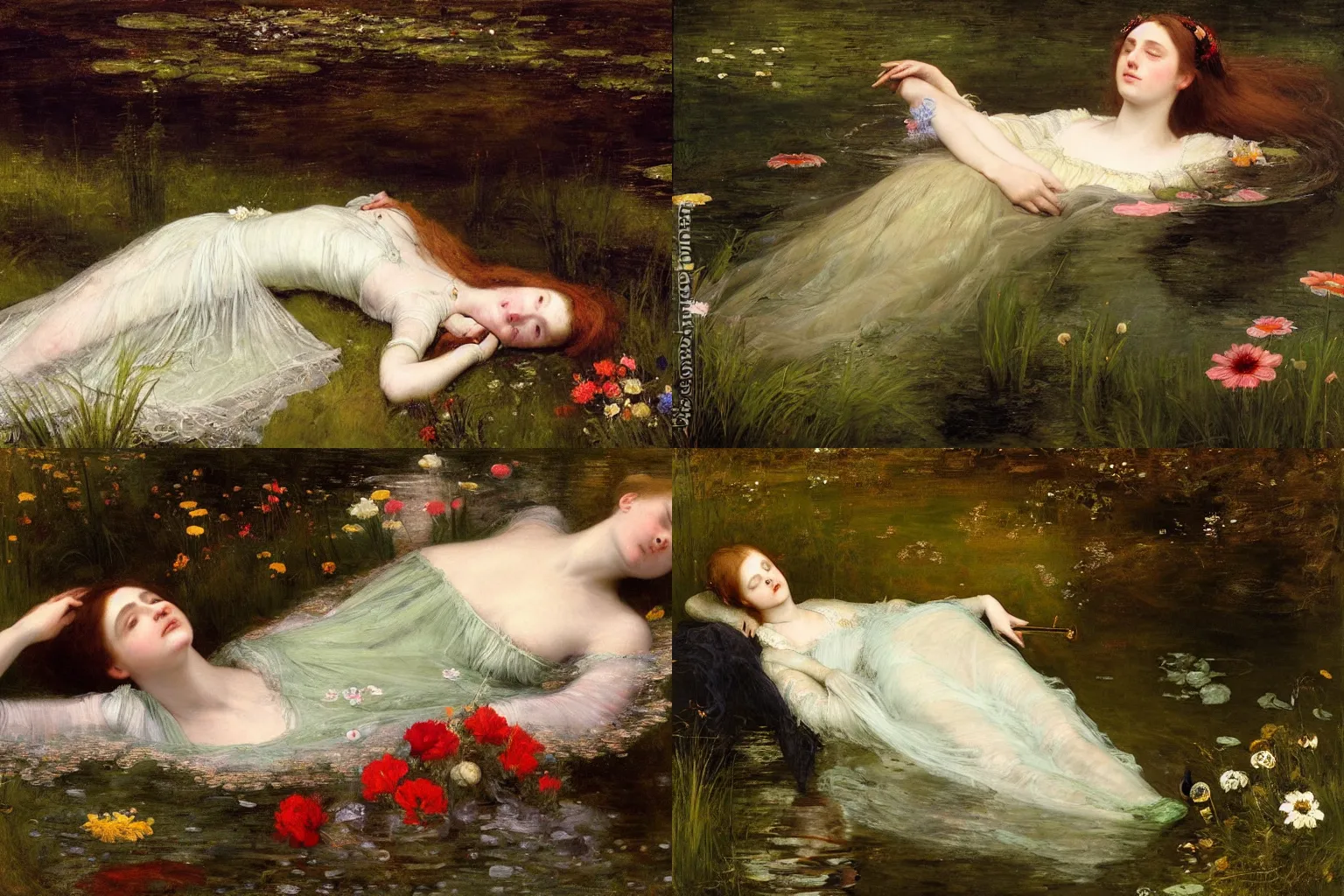 Prompt: a virtuosic portrait of a beautiful young drowned ophelia, floating in the dark waters of a river with closed eyes, surrounded by high green grass and many fine flowers, wearing a nicely crafted antique dress, by sir john everett millais, realistic, hyperdetailed, ethereal, sad, masterpiece, oil painting