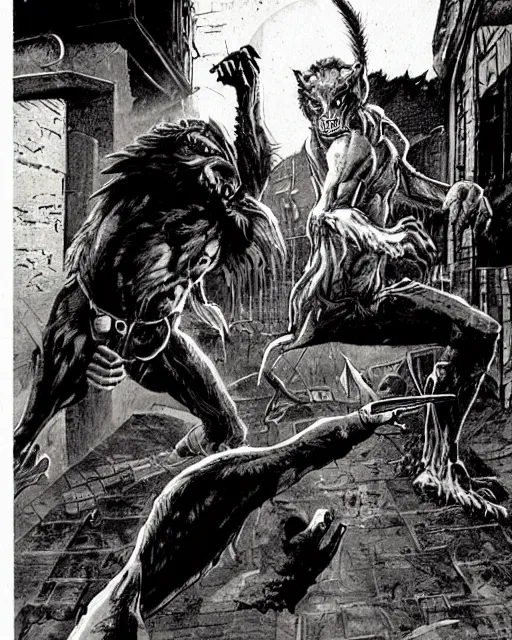 Image similar to a werewolf fighting a vampire in a dark brisbane alley, hd concept art by ron spencer and jean giraud and richard borden.