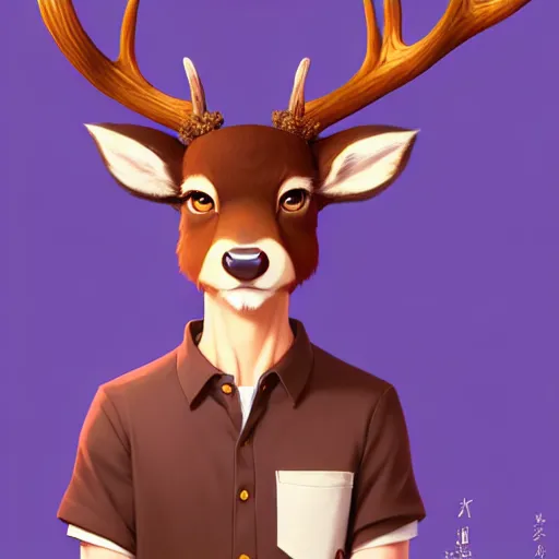 Image similar to character design portrait of a kind anthropomorphic furry deer man with deer ears, short brown hair, wearing a shirt, looking at the camera, 4 k, concept art, by wlop, ilya kuvshinov, artgerm, krenz cushart, pixiv.