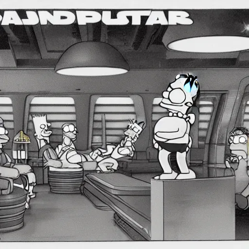 Image similar to concept art homer simpson and bart simpson sitting in a star wars bar, highly detailed cinematic