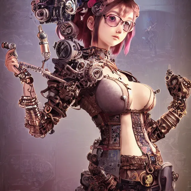 Prompt: the portrait of true neutral semi - colorful female steampunk cyborg mechanist as absurdly beautiful, gorgeous, elegant, young gravure idol, an ultrafine hyperdetailed illustration by kim jung gi, irakli nadar, intricate linework, bright colors, octopath traveler, final fantasy, unreal engine 5 highly rendered, global illumination, radiant light, detailed and intricate environment