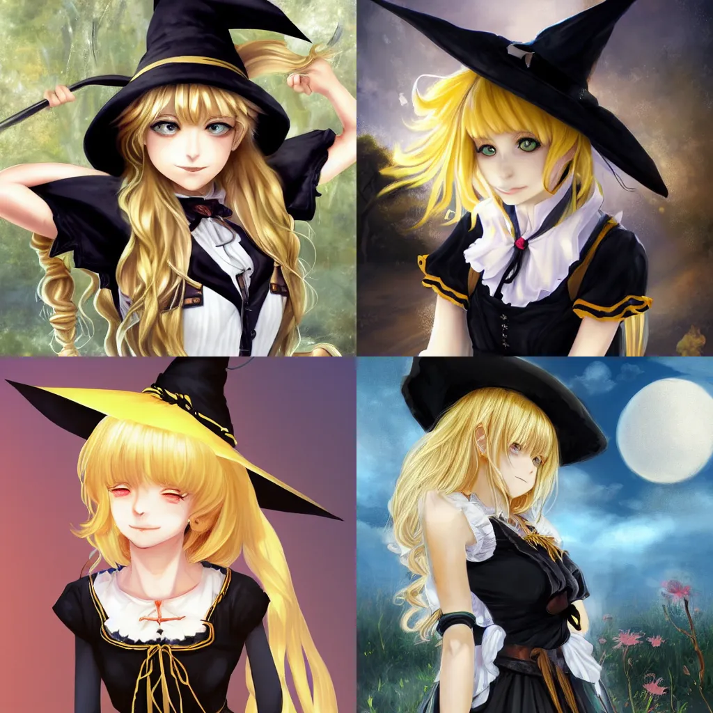 Prompt: Portrait of Marisa Kirisame is young witch with blonde hair with single braid and golden yellow eyes, wearing black vest and skirt, white waist apron and undershirt, and pointed black witch hat, Touhou character illustration by Ross Tran, Yoshitaka Amano Oskar Shlemmer Artstation