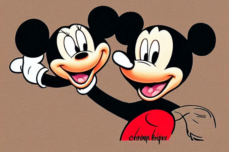 Image similar to courtroom sketch of vintage disney character mickey mouse presenting evidence of copyright infringement before the judge serious dark tone