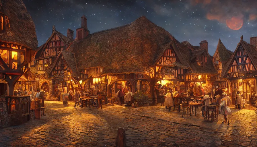 Prompt: Old English medieval village with taverns and restaurants at night paint by Nik Ainley and David Mcleod, hyperdetailed, artstation, cgsociety, 8k