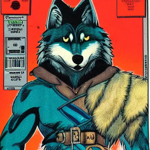 Image similar to 1 9 8 0 s cover scan of a comic featuring a portrait of male wolf o'donnell anthropomorphic wolf furry fursona from starfox wearing an intimidating mercenary uniform, fluffy eyebrows, dark grey wolf, wolf o'donnell, magazine scan, 1 9 8 0 s artwork scan