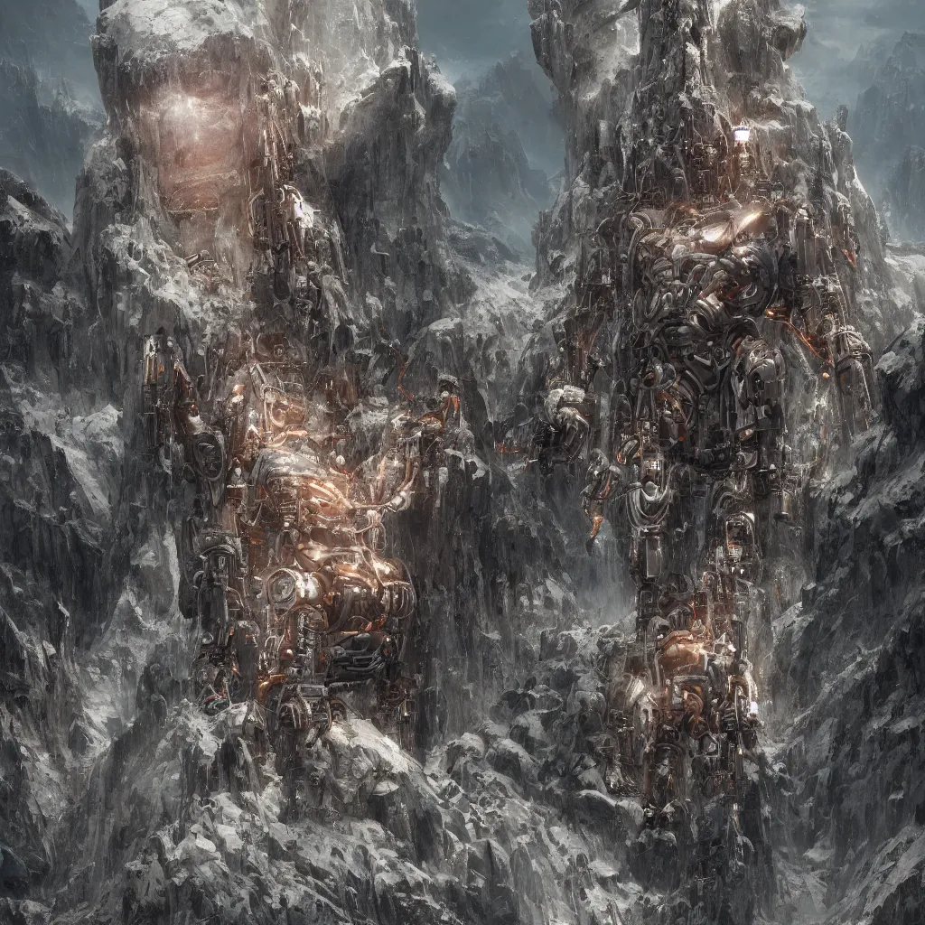 Prompt: a detailed portrait of a giant mechanical humanoid buried half way in the mountains by Greg Rutkowski, Sung Choi, Mitchell Mohrhauser, Maciej Kuciara, Johnson Ting, Maxim Verehin, Peter Konig, final fantasy, Marco lense , 8k photorealistic, cinematic lighting, HD, high details, atmospheric , trending on artstation